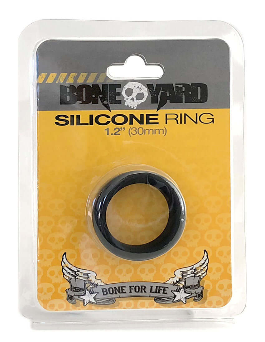 Boneyard Silicone Ring 30 mm Black in packaging showcasing its design and features.