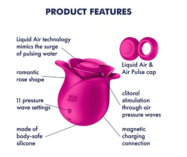 Image showcasing features of Satisfyer Pro 2 Modern Blossom Air Pulse Vibrator including rose shape and air pulse technology.