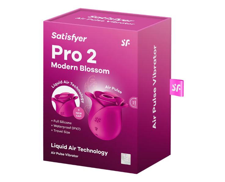 Satisfyer Pro 2 Modern Blossom Air Pulse Vibrator packaging showcasing Liquid Air Technology and Air Pulse features.