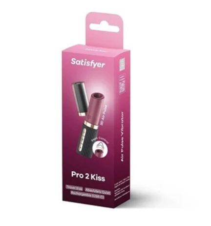 Satisfyer Pro 2 Kiss Air Pulse Clitoral Stimulator packaging with air pulse vibrator design.