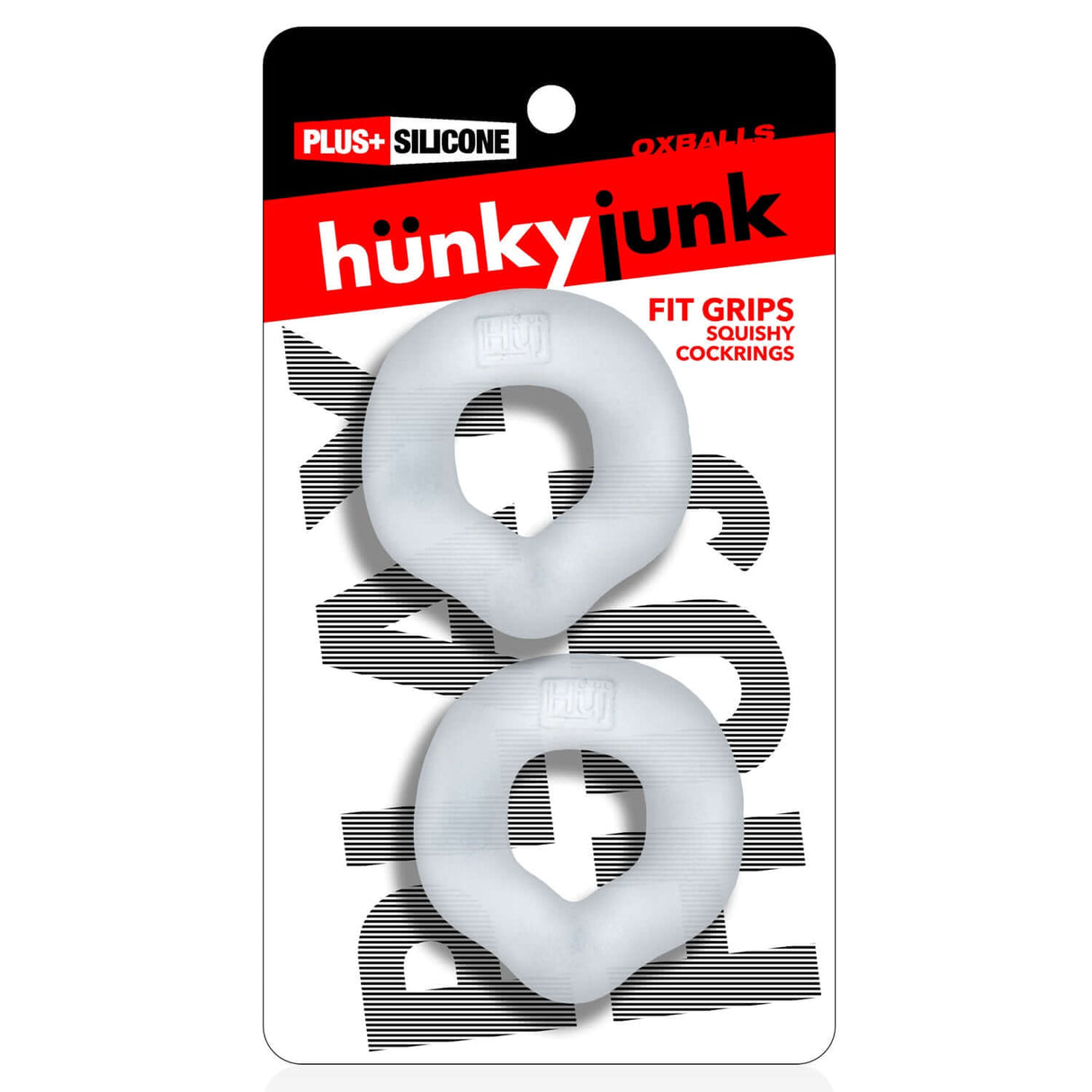 Oxballs Fit Grips 2-Pack Ergo-Fit Cockrings Clear in packaging, featuring a soft, squishy design for comfort.