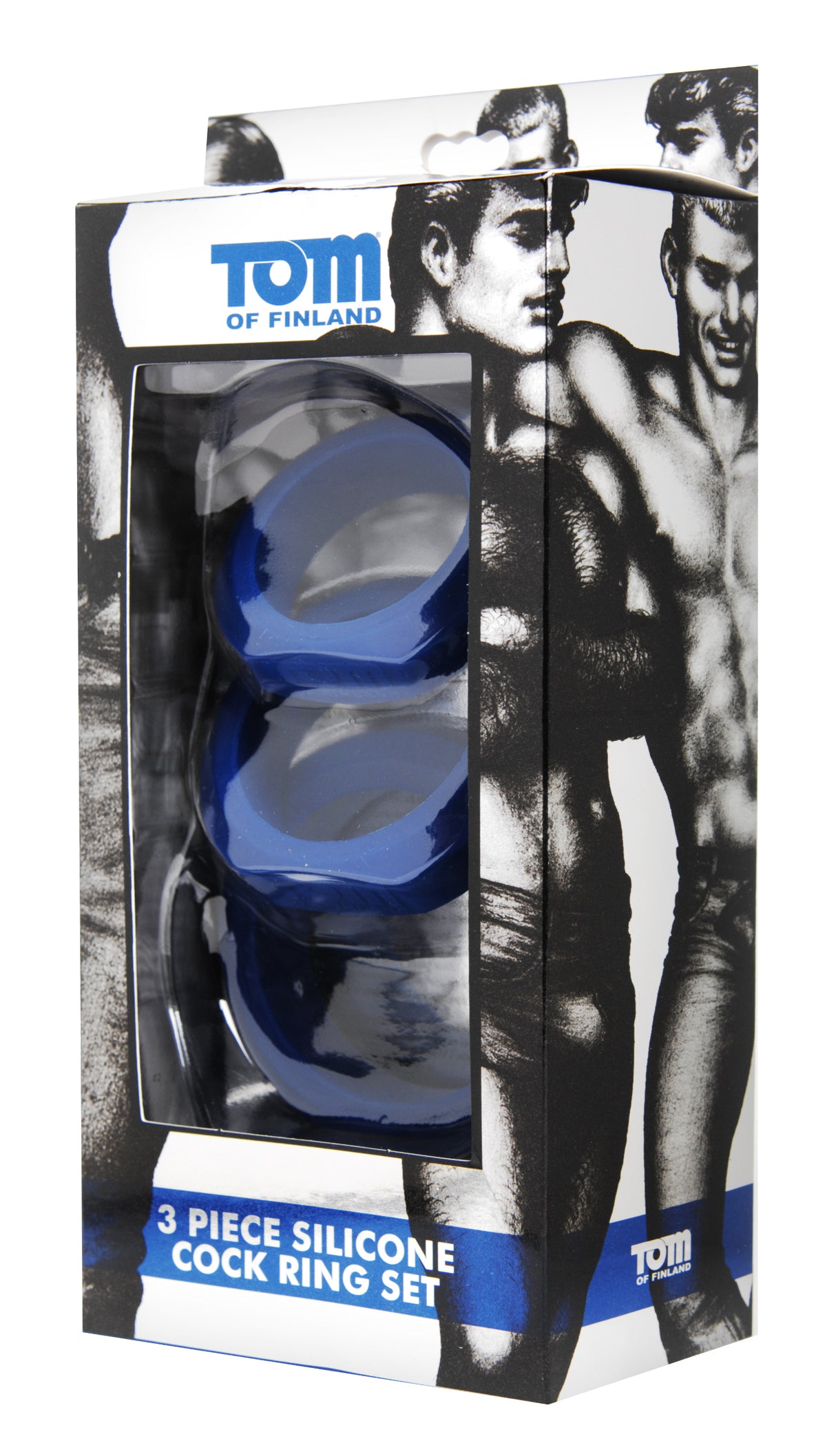 Tom of Finland 3 Pieces Silicone Cock Ring Set packaging featuring three silicone rings.
