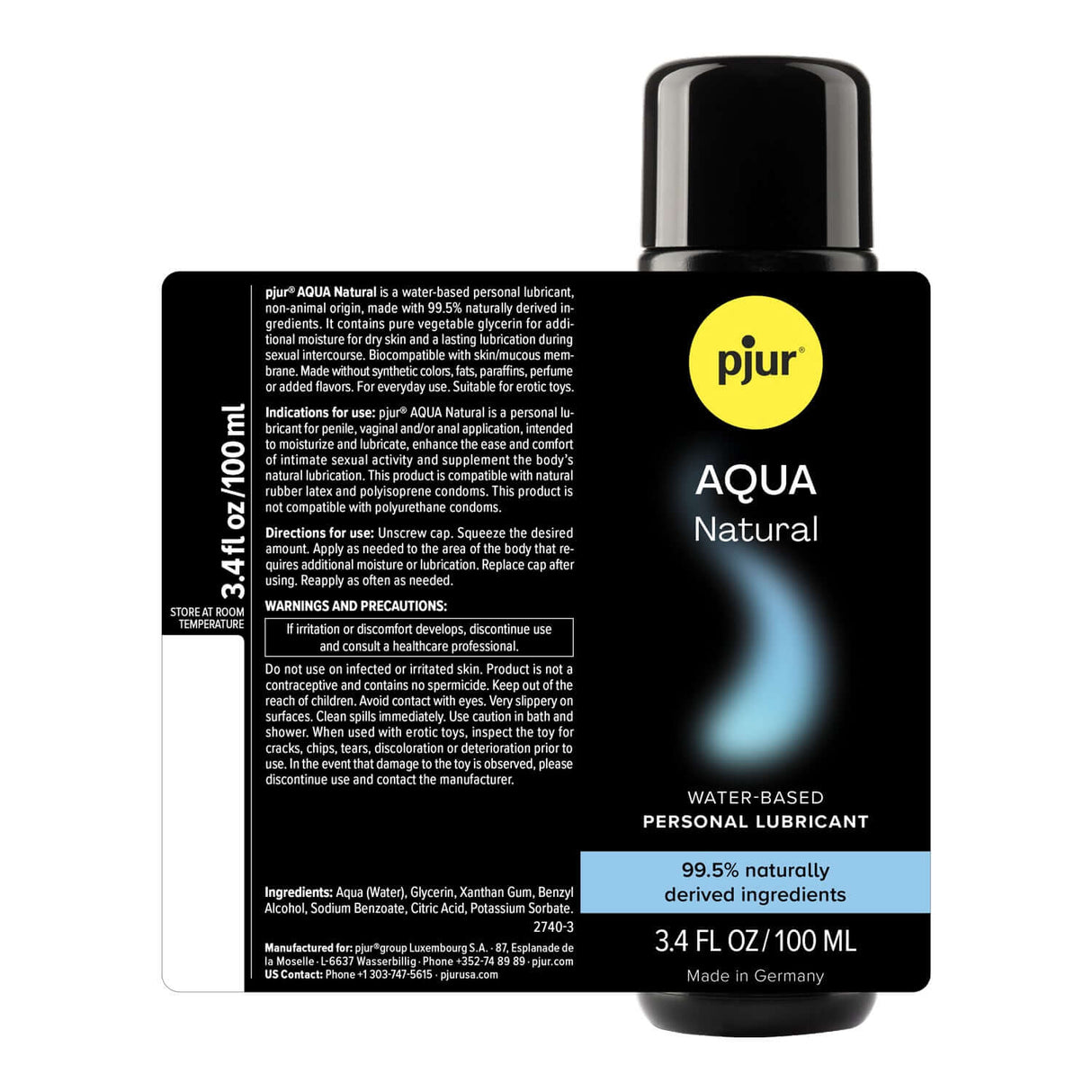 Pjur Aqua Water-based Lubricant 250 ml bottle with detailed label and ingredient information.