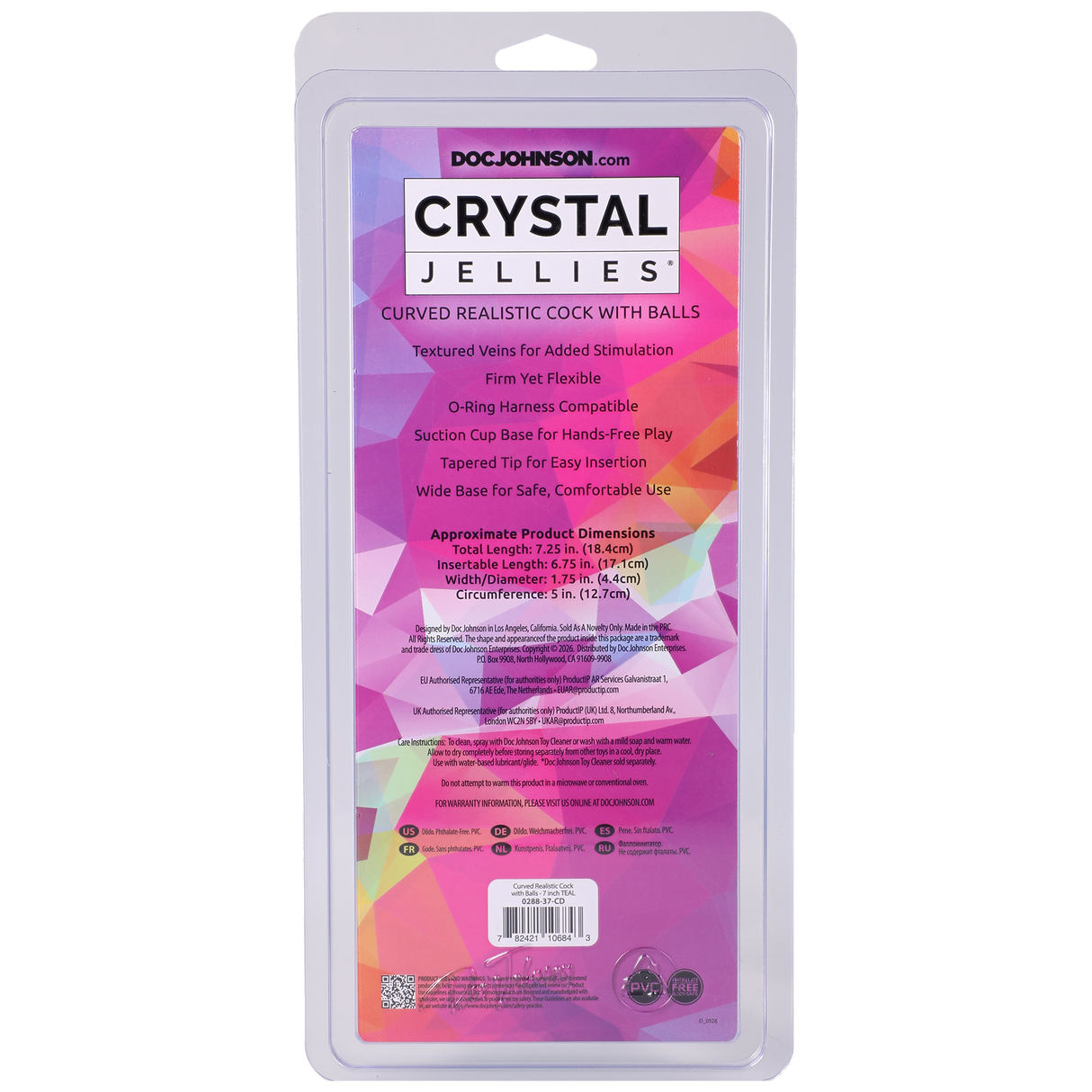 Crystal Jellies Curved Realistic Cock With Balls 7 Inch Teal packaging with details and instructions.