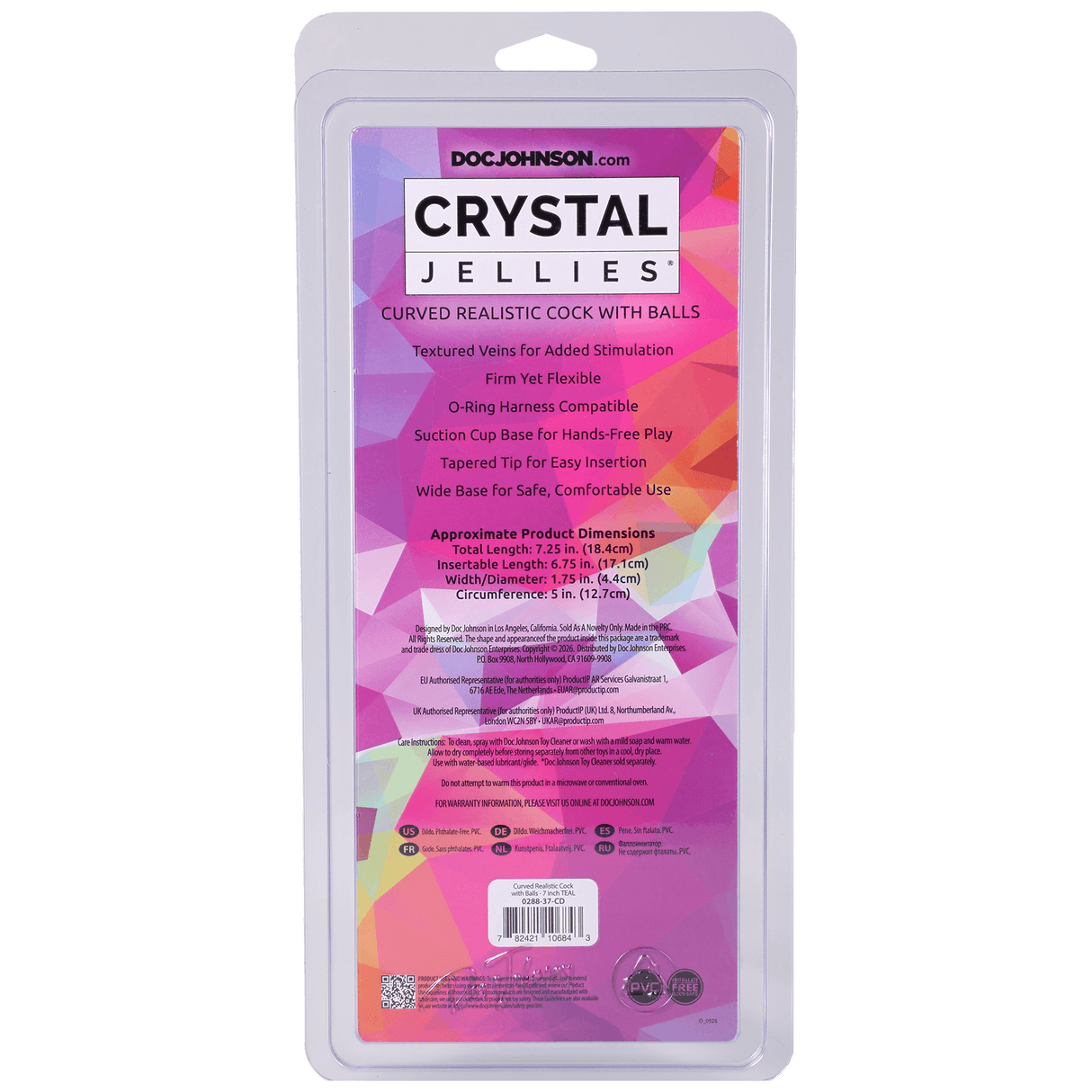 Crystal Jellies Curved Realistic Cock With Balls 7 Inch Teal packaging with details and instructions.