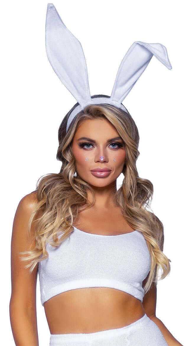 Leg Avenue Bendable Velvet Bunny Rabbit Ears White worn by a model, showcasing soft velvet and flexible design.
