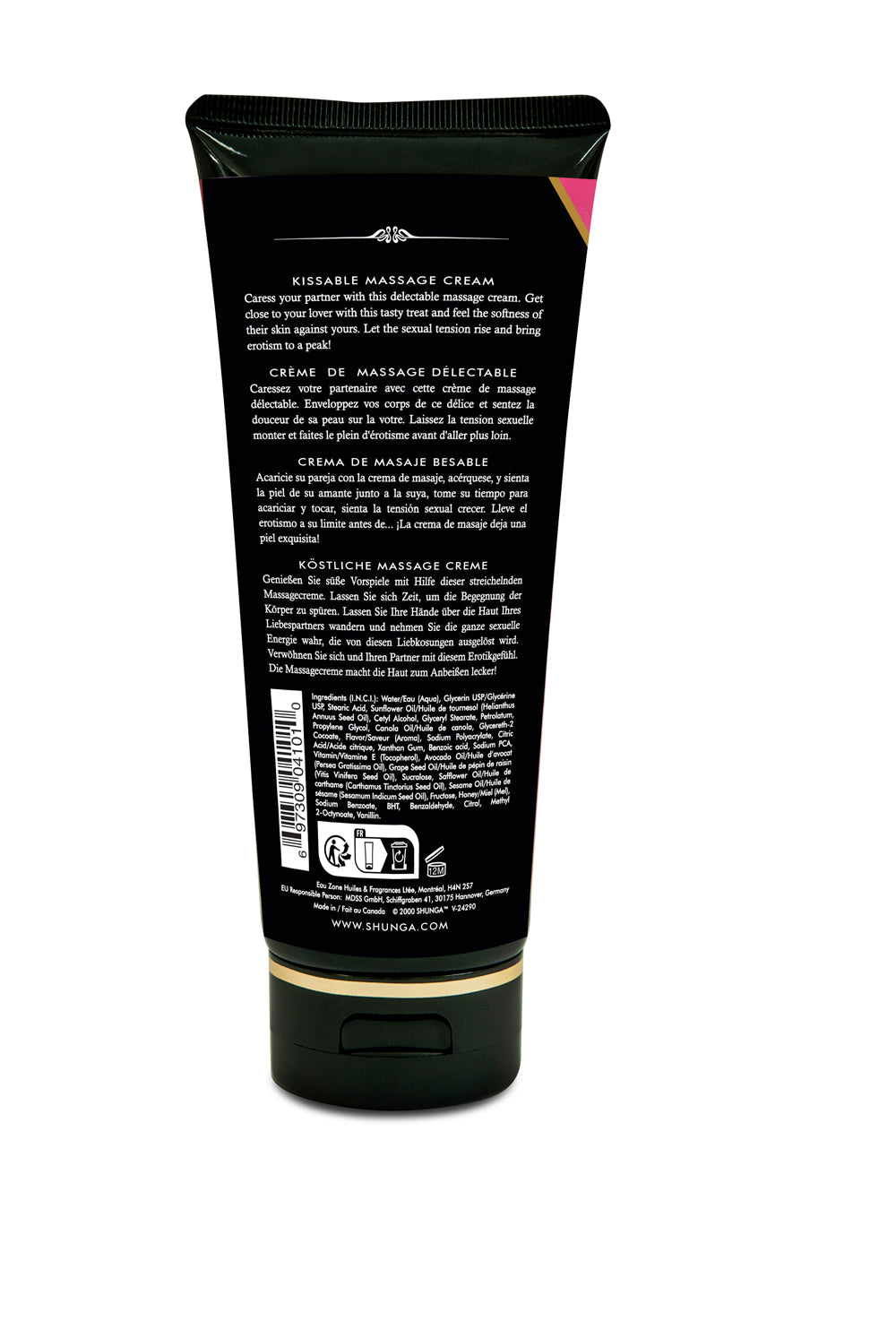 Shunga Kissable Massage Cream Raspberry Feeling 7 Fl Oz tube with instructions for intimate massage.