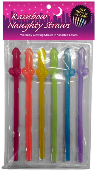 Kheper Games Glow In The Dark Rainbow Penis Straws in assorted colors packaged for vibrant party fun.