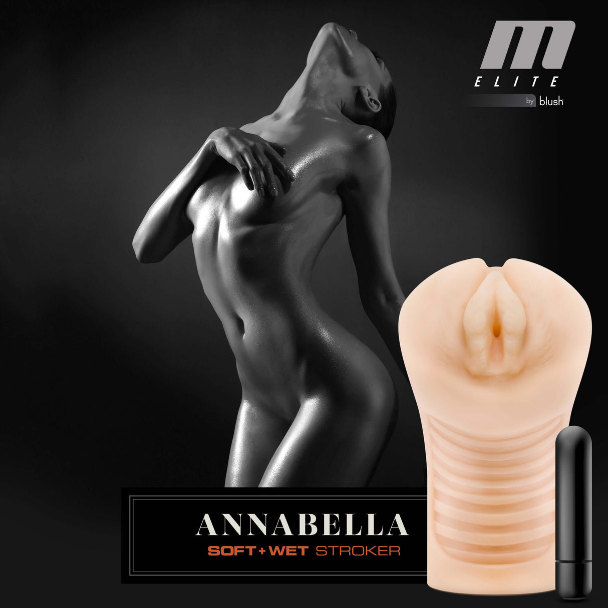 M Elite Soft and Wet Annabella Pussy Stroker Beige with a realistic design and included bullet vibrator.