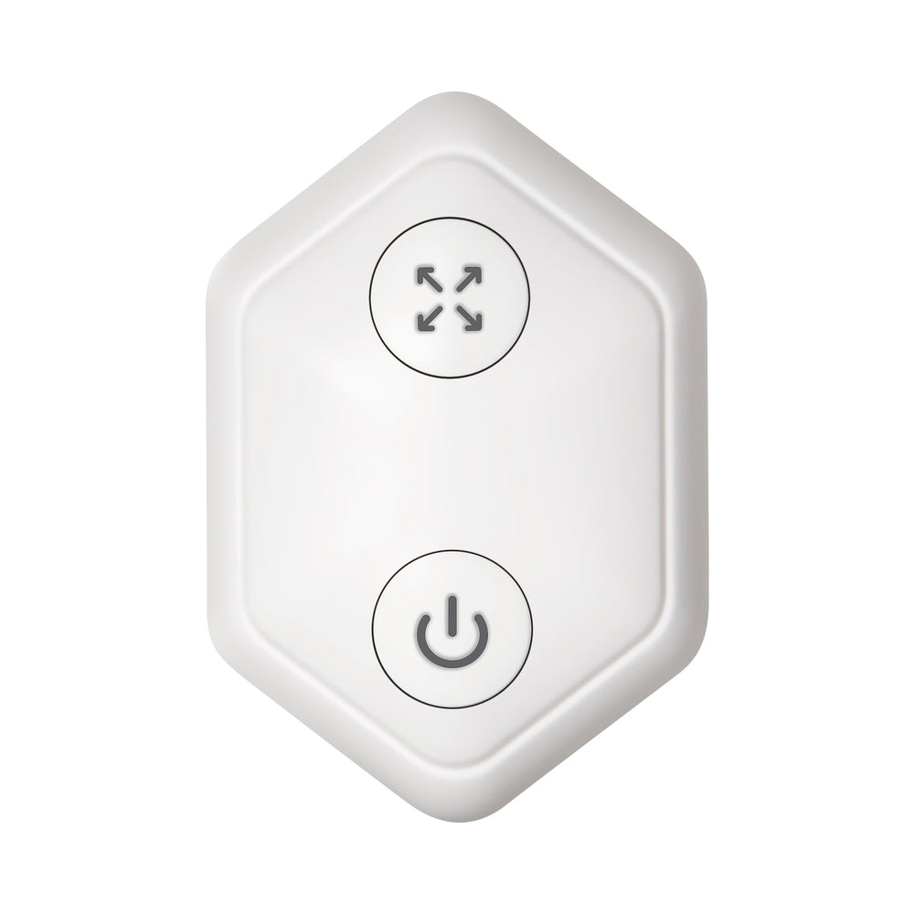 Remote control for inflatable vibrating anal plug featuring power and adjustment buttons.