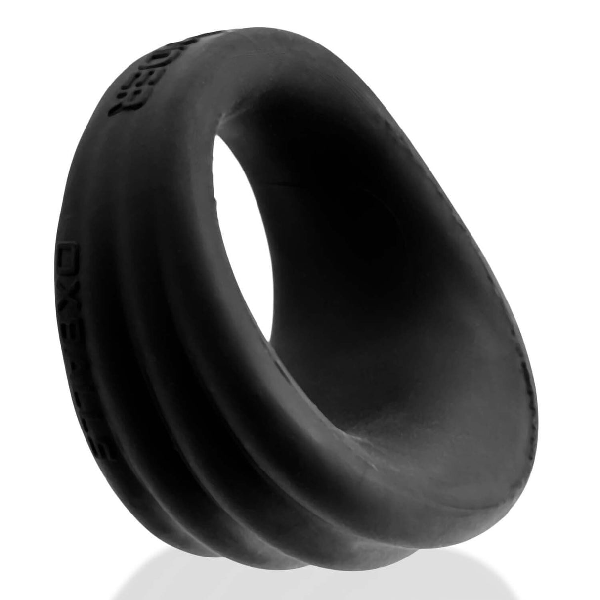Oxballs Expander Slimmer Scoop Style Cockring Black Fog featuring a sleek, ribbed design with a smooth black finish.
