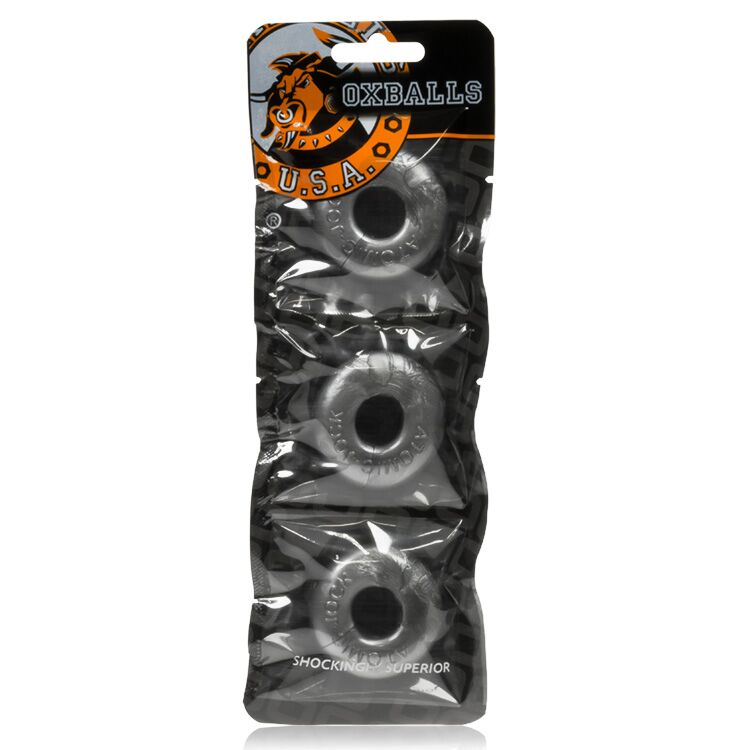 Oxballs Ringer 3 Pack Cock Ring Steel in packaging, three thick stretchy rings for enhanced performance.