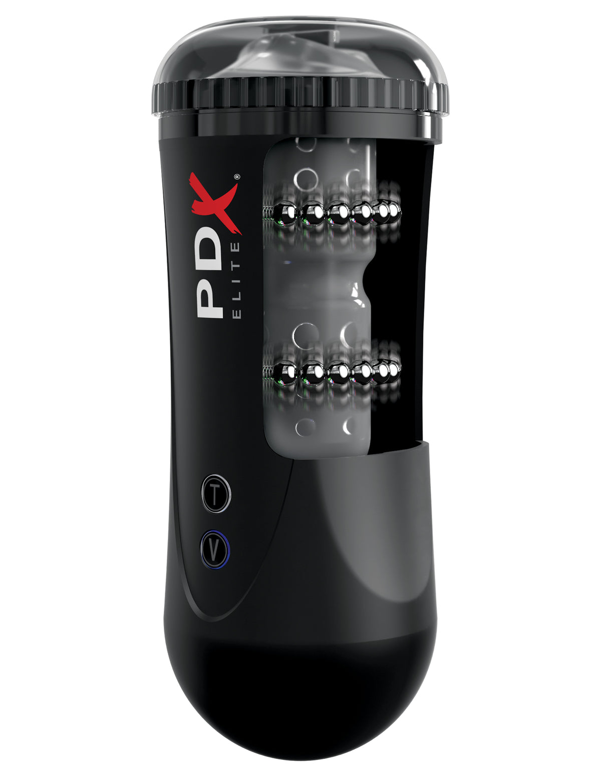 PDX Elite Moto Stroker Thrusting Masturbator Black with automatic stroking and rolling pleasure beads.