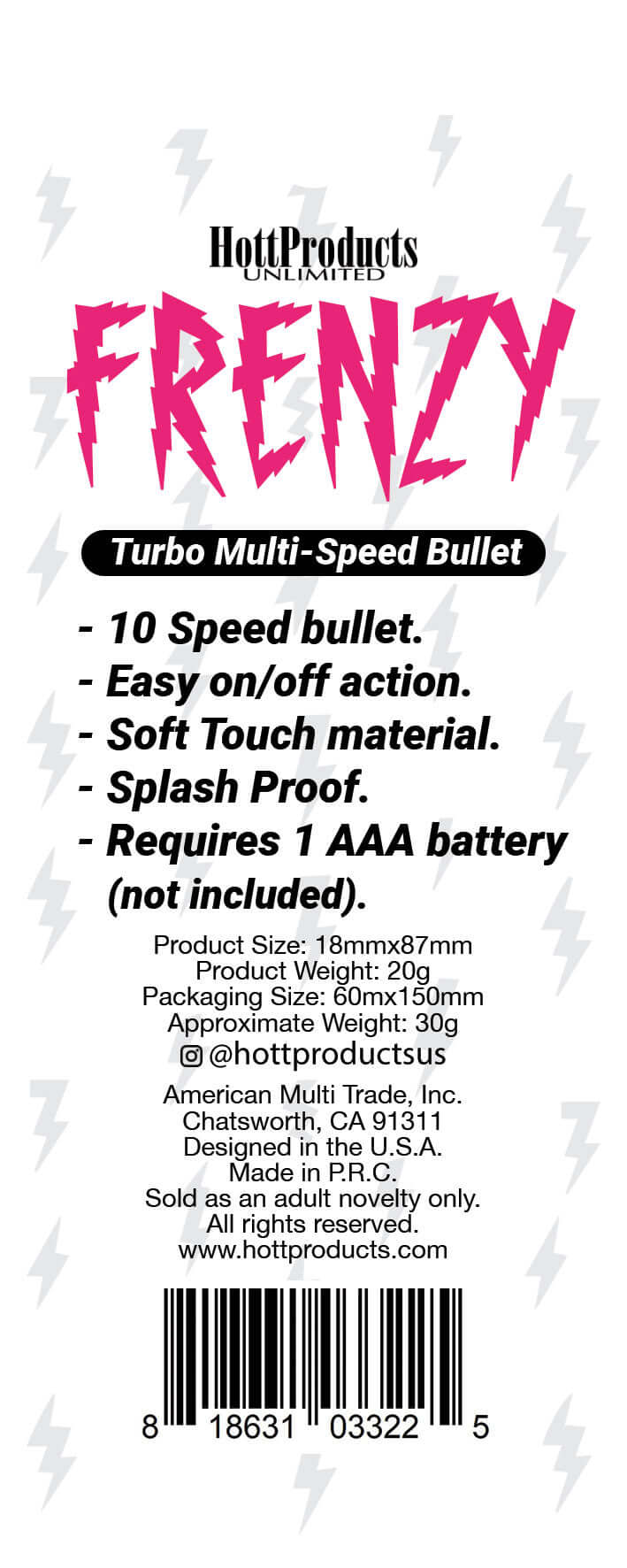Hott Products Frenzy 10 Speed Bullet Vibrator Black packaging details and features on a colorful background.