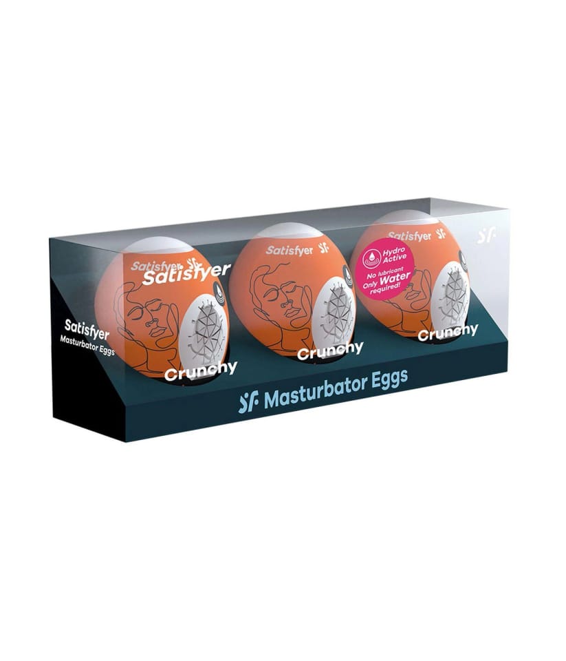 Satisfyer Crunchy Masturbator Egg 3 Pack Orange packaging displaying three stretchy masturbation eggs.