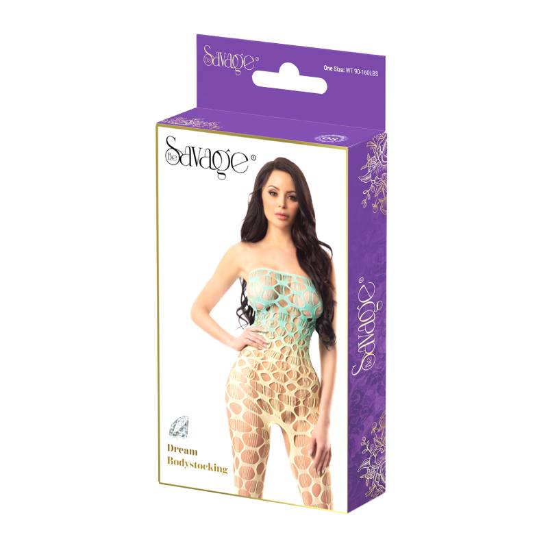 Savage Lingerie Dream Bodystocking Teal Yellow packaging featuring a model in a bold, colorful bodystocking.