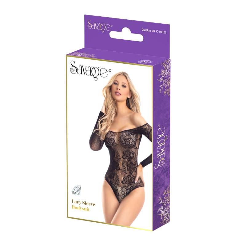 Savage Lingerie Lacy Sleeve Bodysuit Black packaging showcasing the elegant lace design and fitted silhouette.