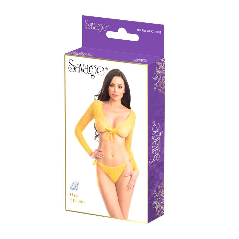 Savage Lingerie Viva 2pc Set Yellow packaging showcasing a bright yellow two-piece lingerie set.