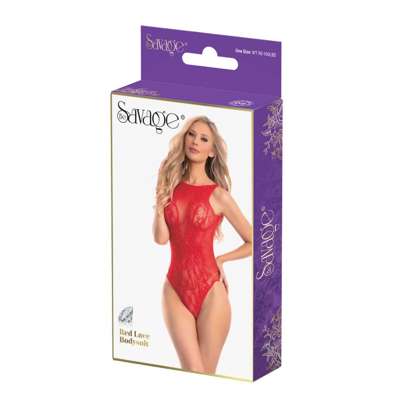Savage Lingerie Red Lace Rhinestone Bodysuit packaging showcasing a model in a seductive red lace bodysuit.