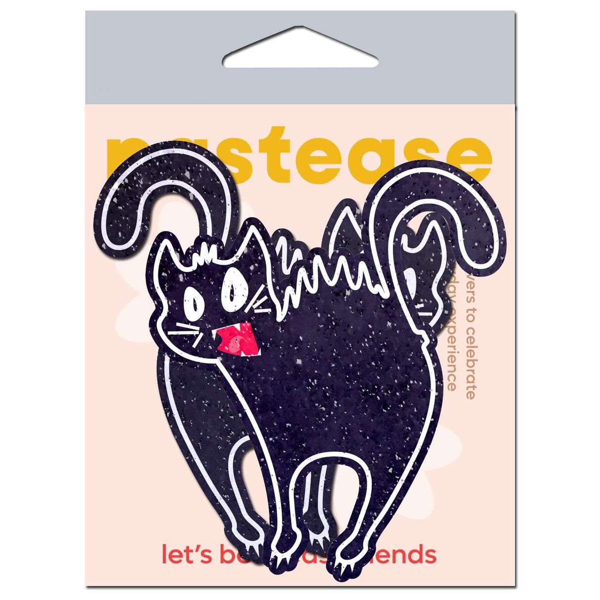 Pastease Scaredy Cat Hissing Kitty accessory featuring a black cat design on glittery velvet for Halloween.