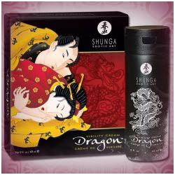Shunga Dragon Virility Cream 2 Oz packaging featuring a colorful design with a dragon motif and intimate couple illustration.