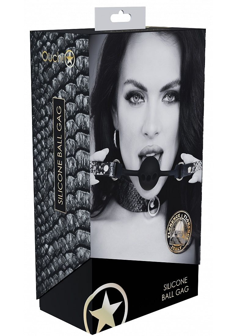 Ouch Florence Collection Silicone Ball Gag Black packaging with model demonstrating stylish ball gag.