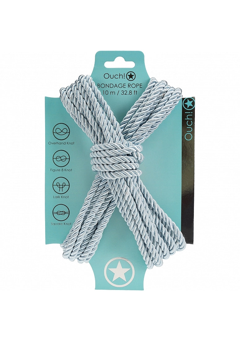 Ouch Bondage Rope 10 Meters Powder Blue in packaging, ideal for bondage play and knot tying.