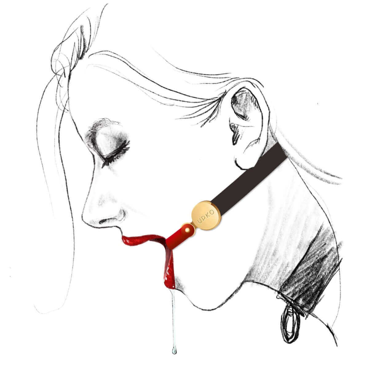 UPKO Luxury Silicone Invisible Mouth Gag with Italian Leather Straps illustrated on a woman's profile.