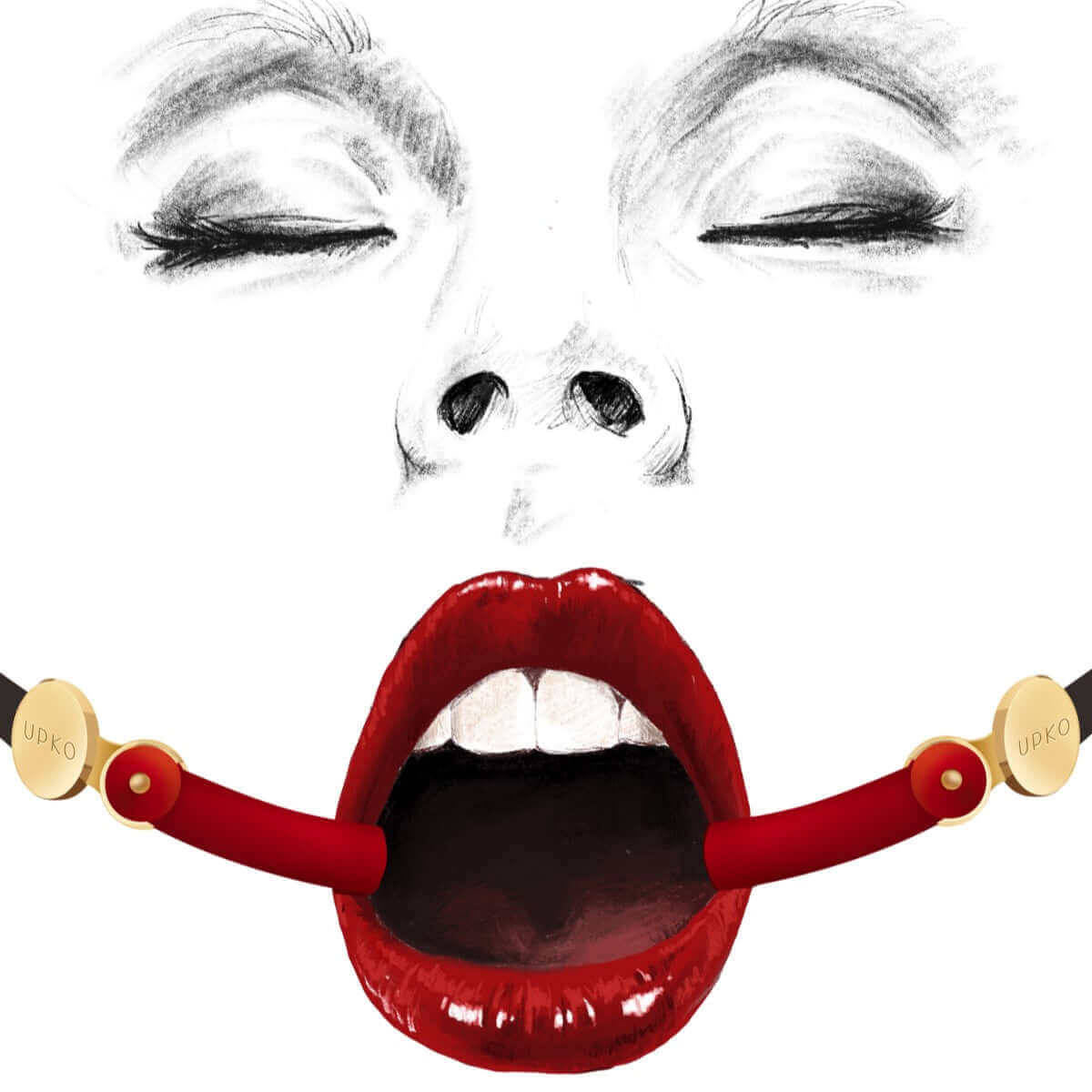 UPKO Luxury Silicone Invisible Mouth Gag with Italian Leather Straps showcased on a model's face with red lips and closed eyes.