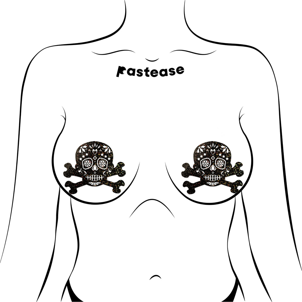 Pastease Skull Black Glitter Candy Pasties featuring a candy skull and crossbones design on a body outline.