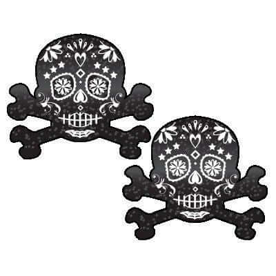 Pastease Skull Black Glitter Candy Pasties featuring a black glitter skull and crossbones design for edgy fashion.
