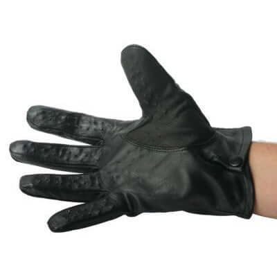 Vampire Gloves Genuine Lambskin Leather Large displayed on a hand, showcasing its black leather and precision metal tacks.