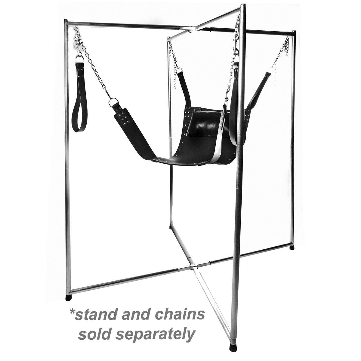 Strict Leather Premium Sex Sling displayed on a sturdy frame with chains, designed for suspended play.