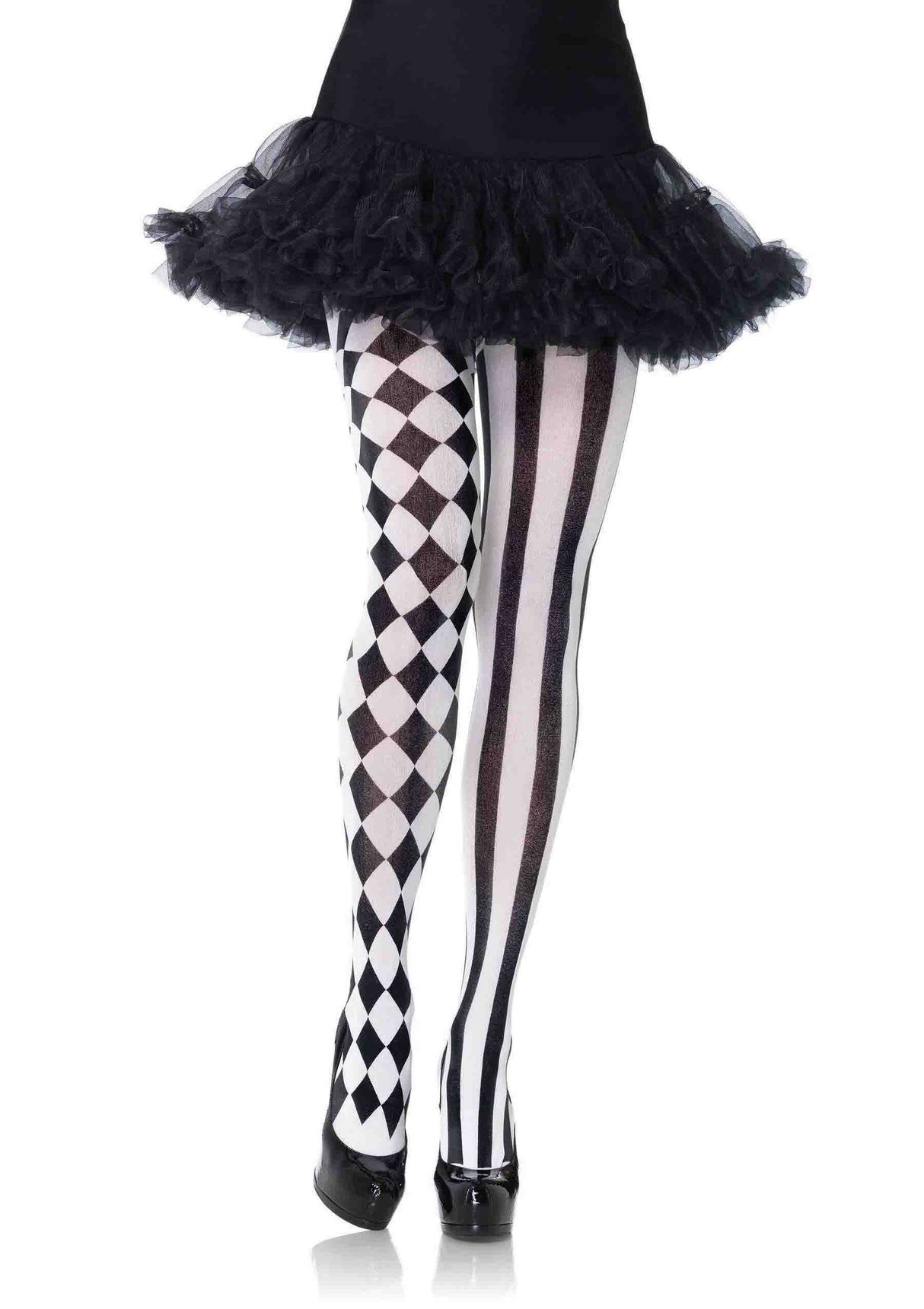 Leg Avenue Harlequin Pantyhose Black White featuring checkered and striped patterns, perfect for costume parties.