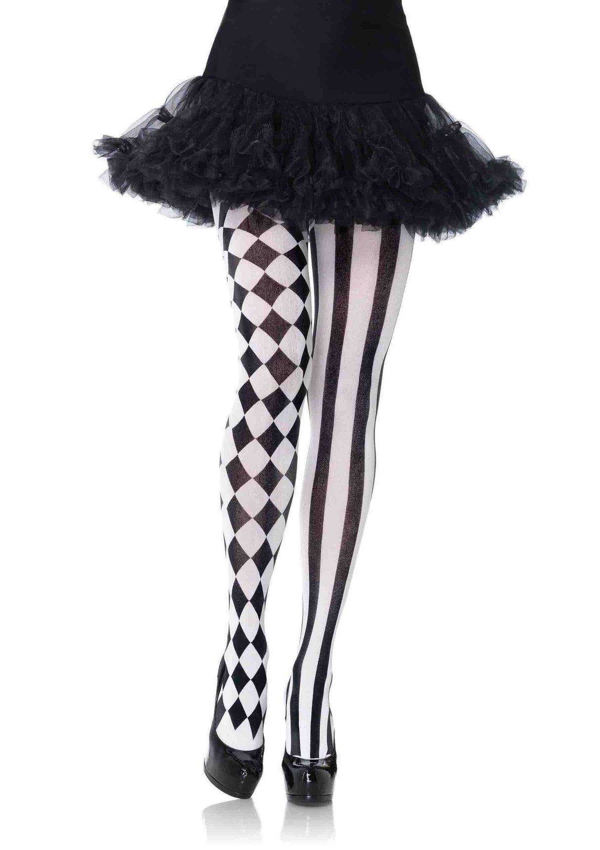 Leg Avenue Harlequin Pantyhose Black White featuring checkered and striped patterns, perfect for costume parties.