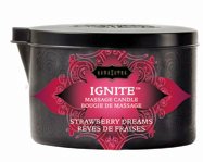 Kama Sutra Massage Candle Strawberry Dreams in a stylish black container designed for relaxing massages.