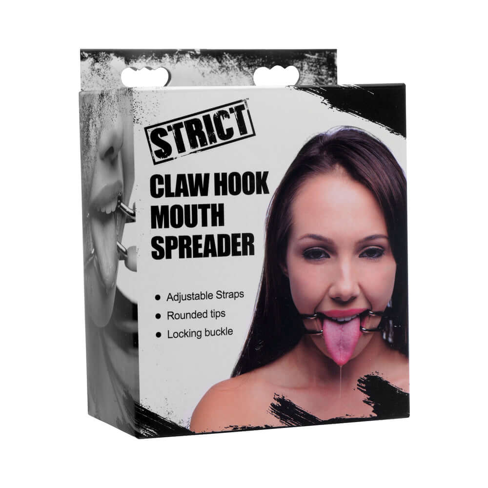 STRICT Claw Hook Mouth Spreader packaging featuring adjustable straps and rounded tips for mouth control.
