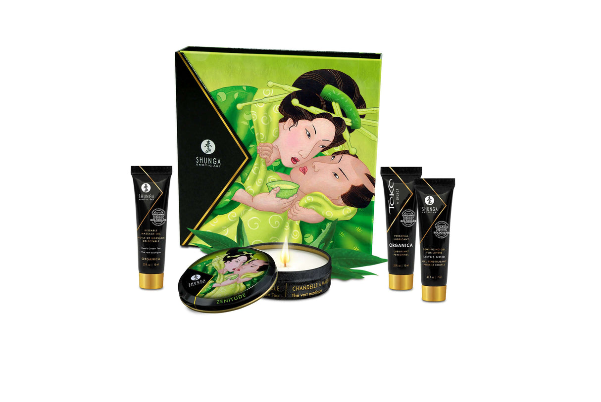 Shunga Geisha Secrets Gift Set Organica Exotic Green Tea includes massage oils, a candle, and travel-sized wellness products.