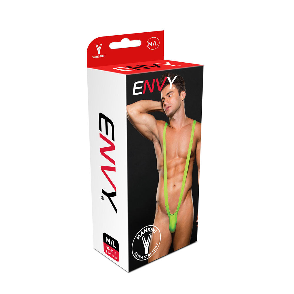 Envy Menswear Slingshot Medium/Large Green packaging with model wearing green one-piece.