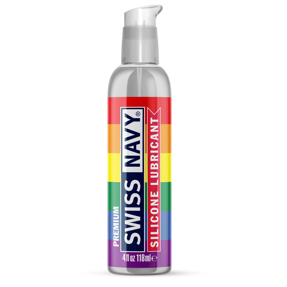 Swiss Navy Pride Silicone Lubricant 4 Oz bottle with rainbow design promoting inclusivity and premium quality.