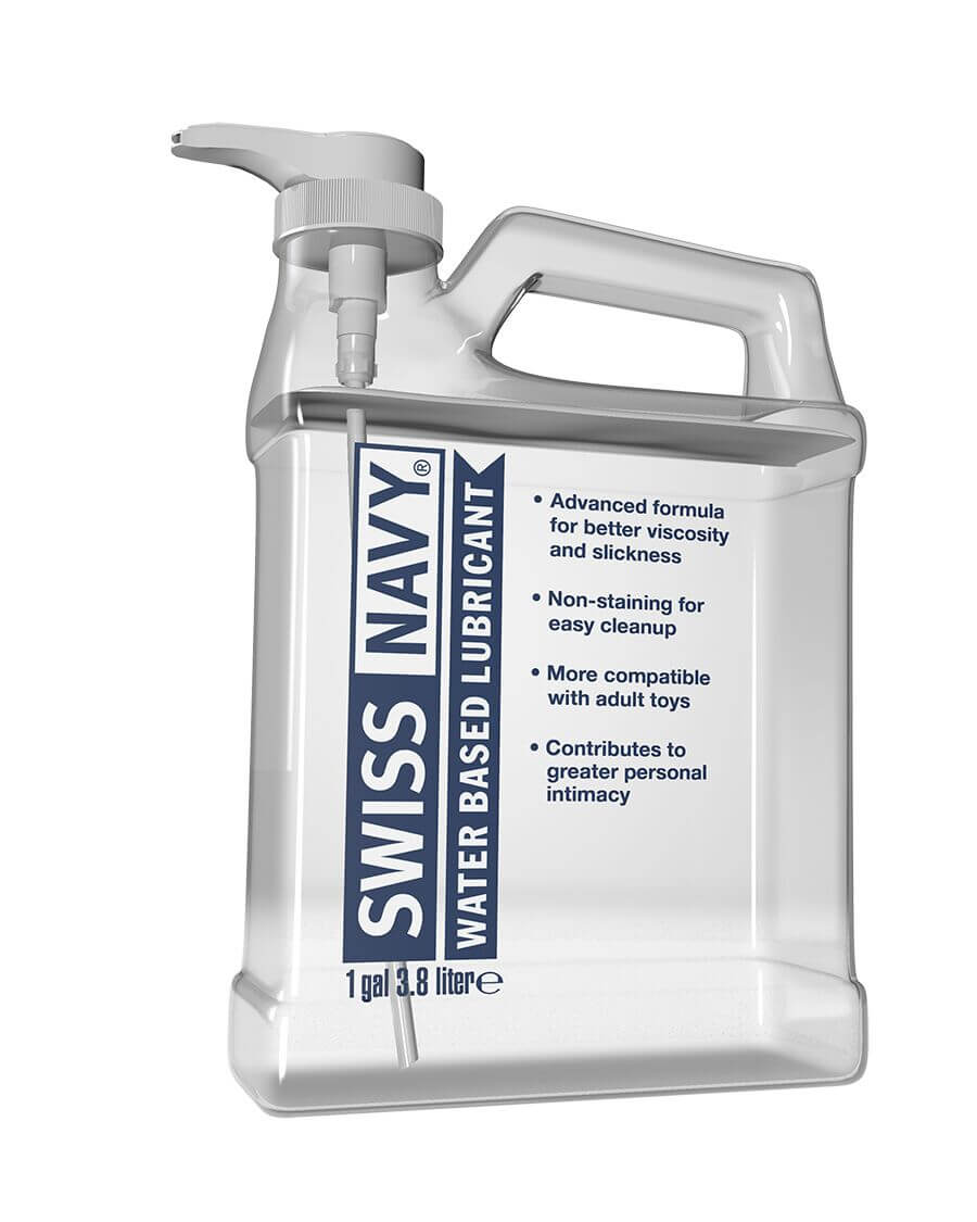 Swiss Navy Water Based Lubricant 1 Gallon bottle showcasing advanced formula and easy cleanup features.