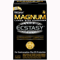 Trojan Magnum Ecstasy Ultrasmooth Lubricated Condoms 10 pack box featuring large size condoms with lubrication.