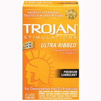 Trojan Stimulations Ultra Ribbed 12 Pack Condoms packaging featuring premium lubricant for enhanced pleasure.