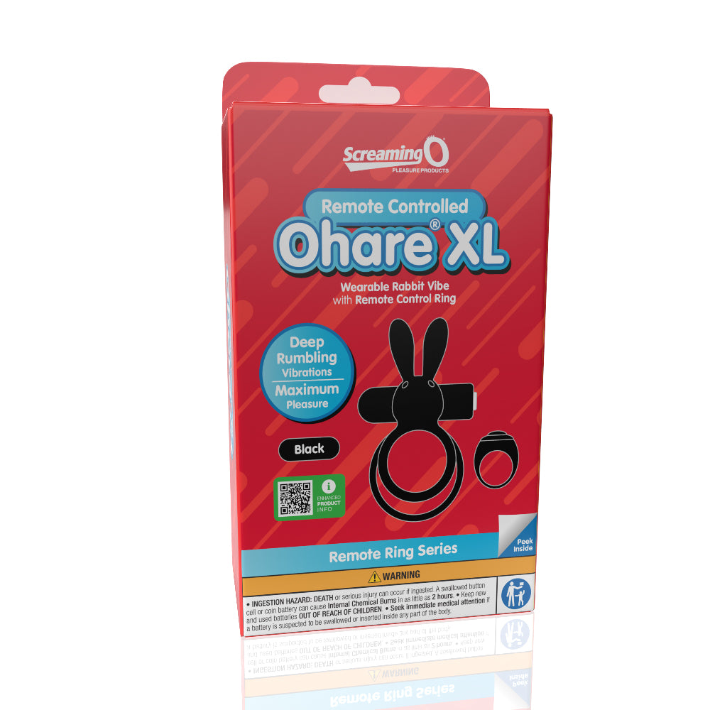 Screaming O Remote Controlled Ohare XL Vibrating Ring Black packaging featuring a wearable rabbit vibe and remote control design.