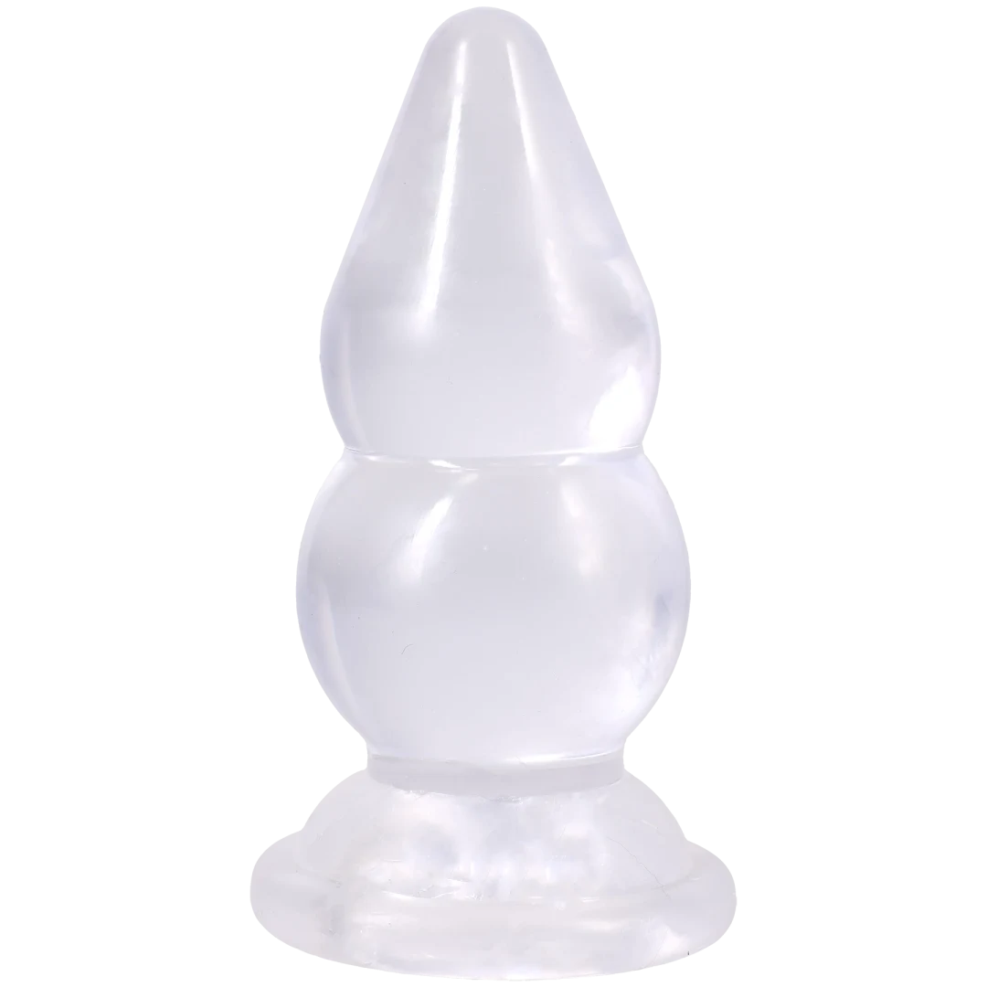 Crystal Jellies Double Pop Plug 6 Inch Clear showcasing its double curve shape and tapered tip design for easy insertion.