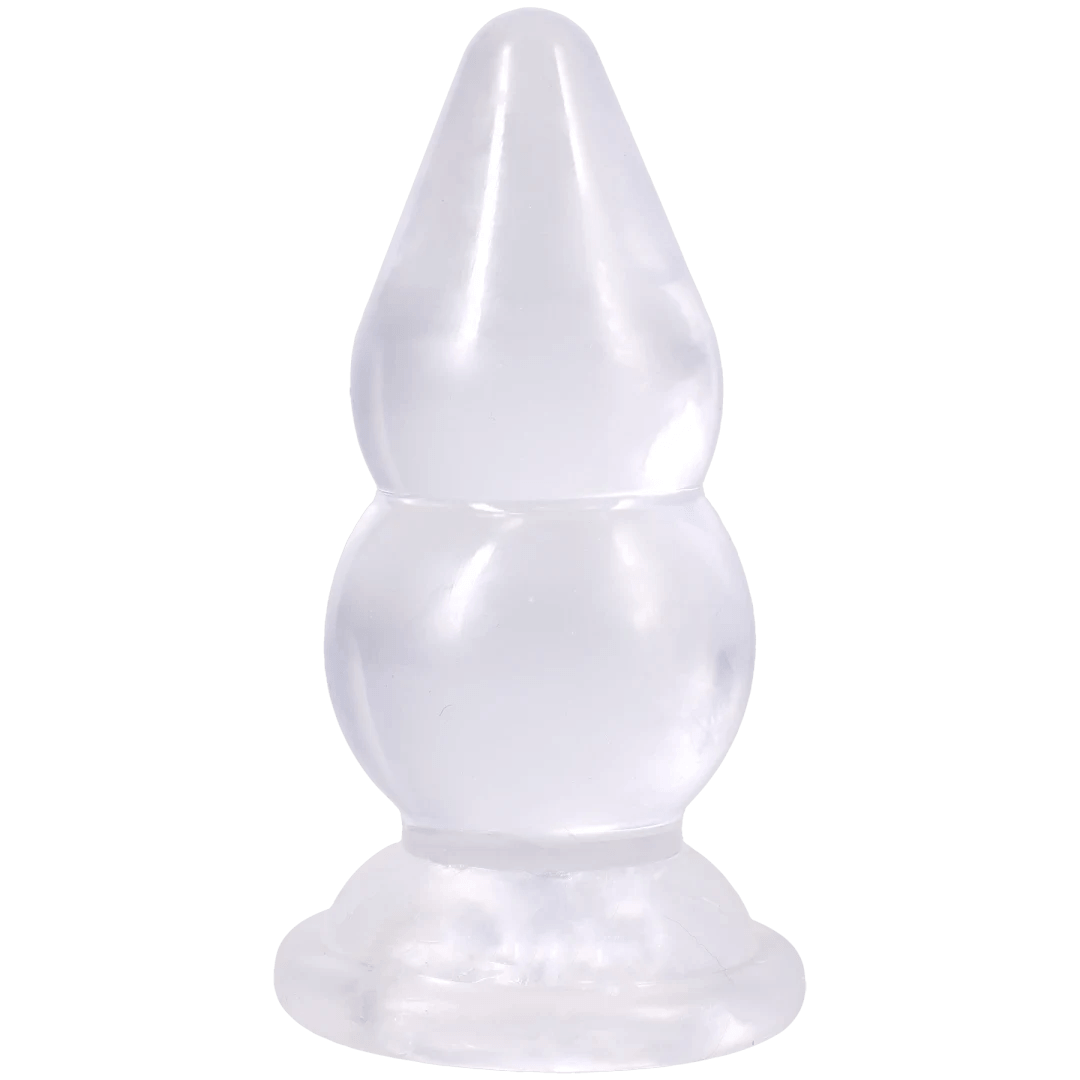 Crystal Jellies Double Pop Plug 6 Inch Clear showcasing its double curve shape and tapered tip design for easy insertion.