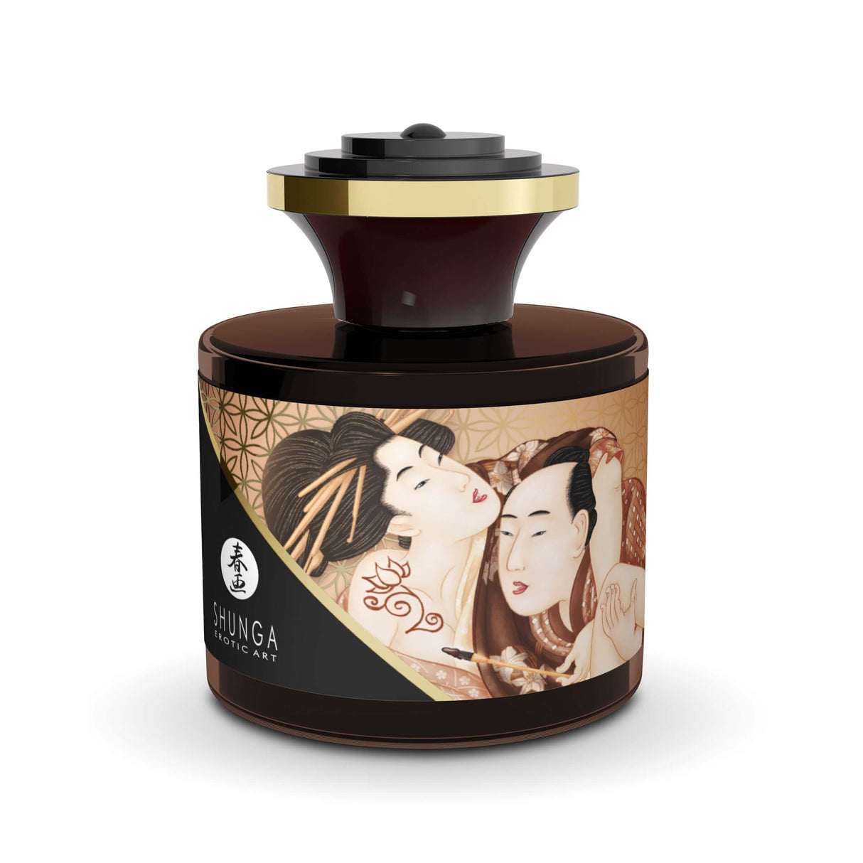 Shunga Edible Body Paint Aphrodisiac Chocolate in artistic glass bottle with brush, inspired by classic ink pot design.