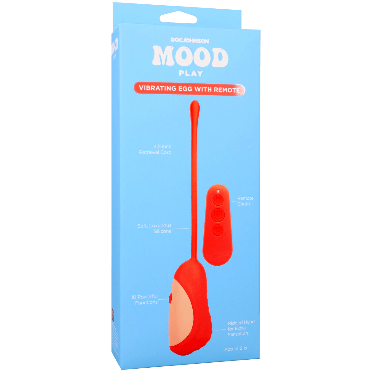 Mood Play Vibrating Egg With Remote Orange packaging displaying features and remote control options.