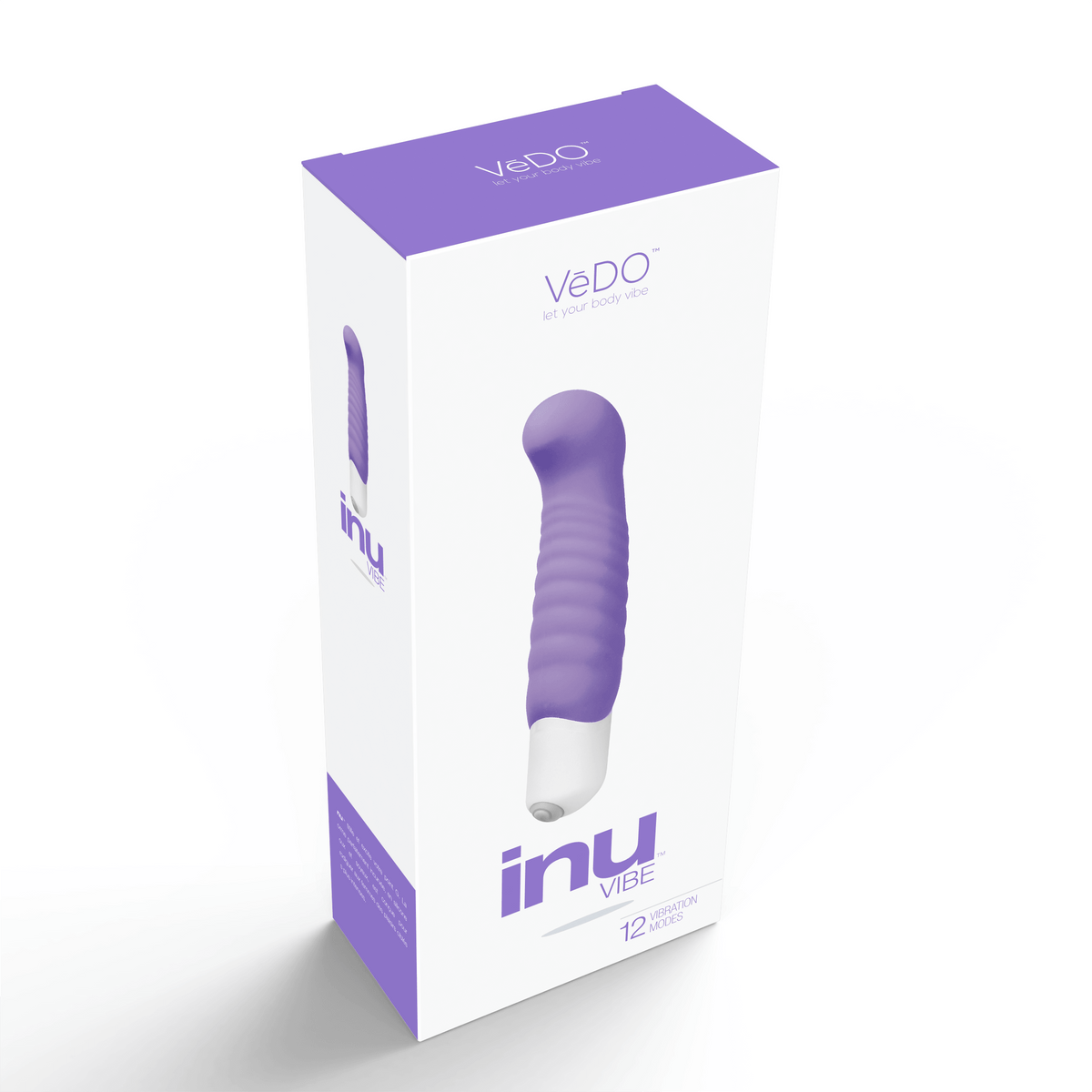 Vedo Inu Mini G-Spot Vibrator Orgasmic Orchid product packaging design featuring a sleek silicone vibe.