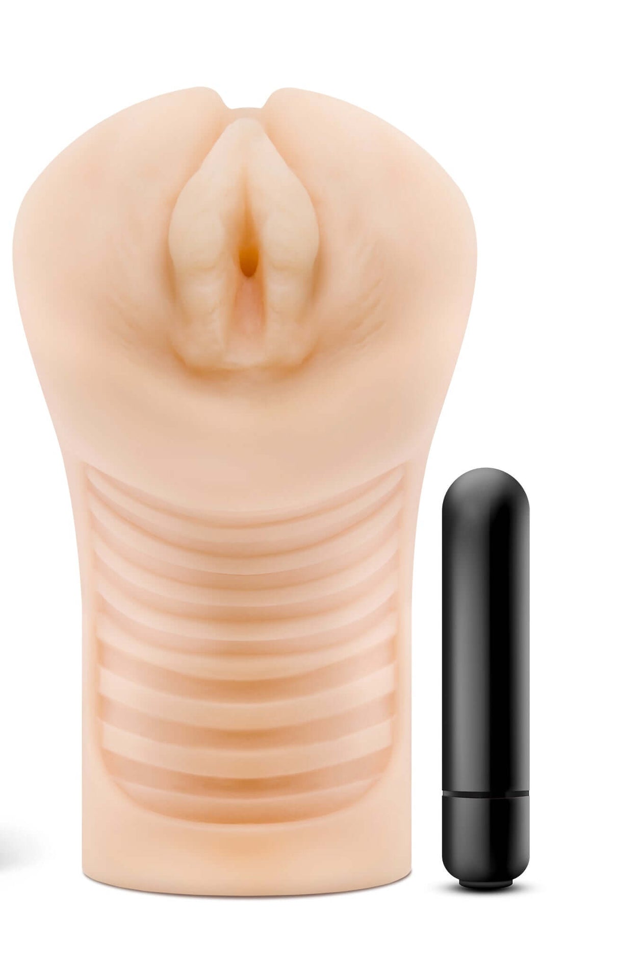 M Elite Soft and Wet Annabella Pussy Stroker Beige with included bullet vibrator next to it.